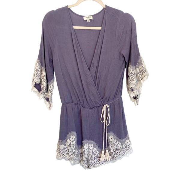 Umgee Pants - Umgee Romper Slate Grey Vneck Lace Trim Tassel Tie Size Small Boho Girly Lacey